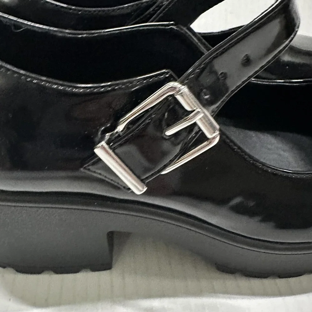 GB Mary Jane‎ Platform Heel Shoes Womens 8.5 Shiny Black Block Lug Sole Y2K
